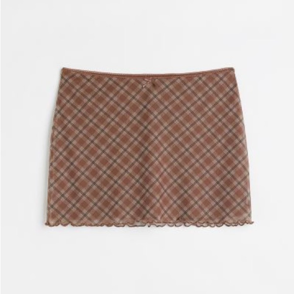 Brown Plaid Mesh Mini Skirt